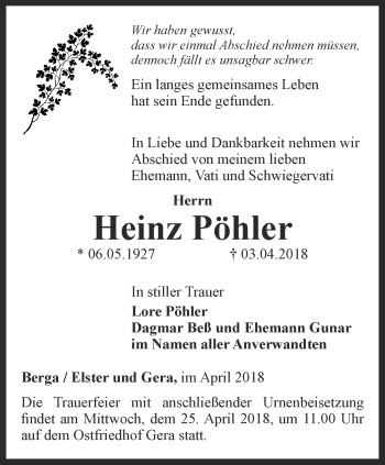 Traueranzeige von Heinz Pöhler von Ostthüringer Zeitung