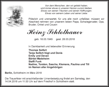 Traueranzeige von Heinz Schlothauer von Thüringer Allgemeine, Thüringische Landeszeitung