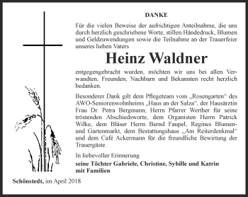 Traueranzeige von Heinz Waldner von Thüringer Allgemeine, Thüringische Landeszeitung