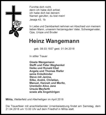 Traueranzeige von Heinz Wangemann von Thüringer Allgemeine, Thüringische Landeszeitung