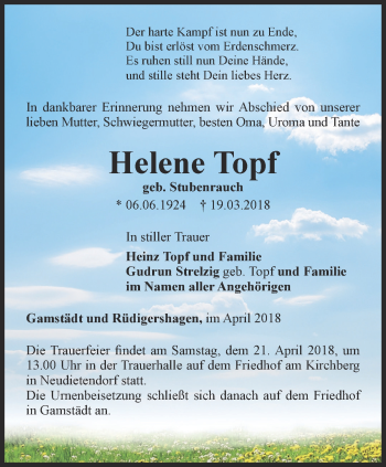 Traueranzeige von Helene Topf von Ostthüringer Zeitung, Thüringische Landeszeitung
