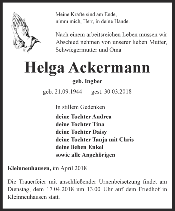 Traueranzeige von Helga Ackermann von Thüringer Allgemeine