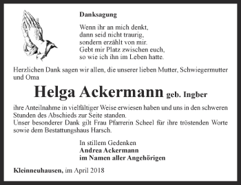 Traueranzeige von Helga Ackermann von Thüringer Allgemeine