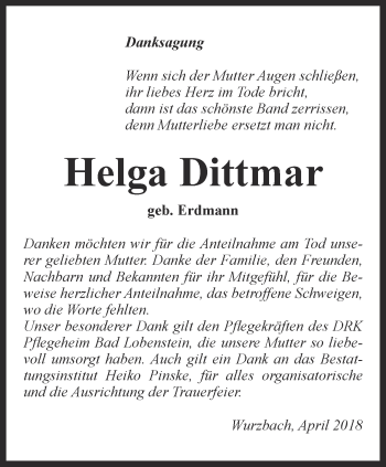 Traueranzeige von Helga Dittmar von Ostthüringer Zeitung