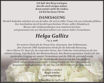 Traueranzeige von Helga Gallitz von Thüringer Allgemeine, Thüringische Landeszeitung