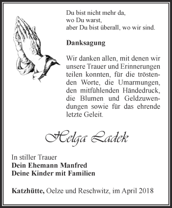 Traueranzeige von Helga Ladek von Ostthüringer Zeitung