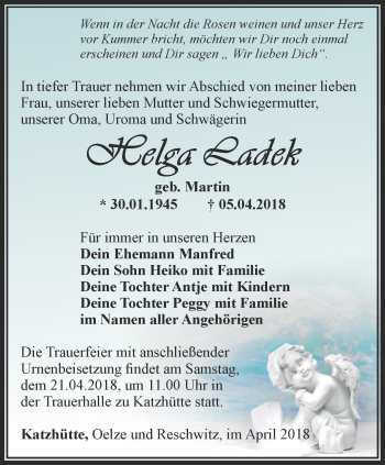 Traueranzeige von Helga Ladek von Ostthüringer Zeitung