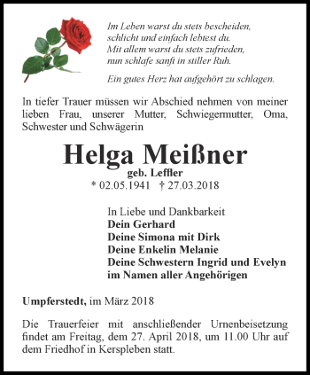 Traueranzeige von Helga Meißner von Thüringer Allgemeine, Thüringische Landeszeitung