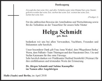 Traueranzeige von Helga Schmidt von Thüringer Allgemeine, Thüringische Landeszeitung