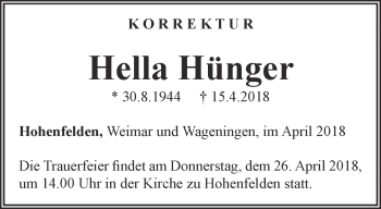 Traueranzeige von Hella Hünger von Thüringer Allgemeine, Thüringische Landeszeitung