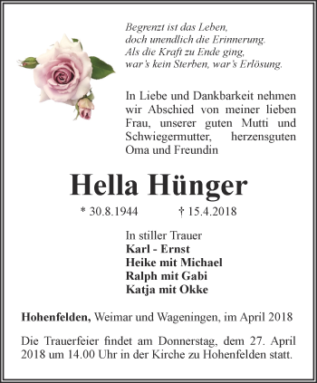 Traueranzeige von Hella Hünger von Thüringer Allgemeine, Thüringische Landeszeitung