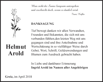 Traueranzeige von Helmut Arold von Ostthüringer Zeitung