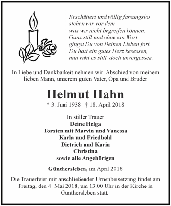 Traueranzeige von Helmut Hahn von Ostthüringer Zeitung, Thüringische Landeszeitung