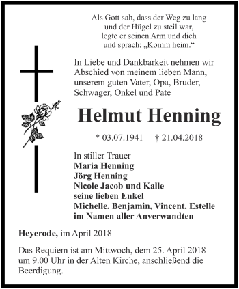 Traueranzeige von Helmut Henning von Thüringer Allgemeine, Thüringische Landeszeitung