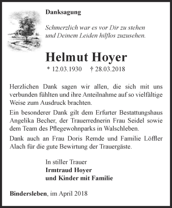 Traueranzeige von Helmut Hoyer von Thüringer Allgemeine, Thüringische Landeszeitung