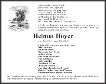 Traueranzeige von Helmut Hoyer von Thüringer Allgemeine, Thüringische Landeszeitung