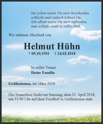 Traueranzeige von Helmut Hühn von Thüringer Allgemeine, Thüringische Landeszeitung