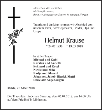 Traueranzeige von Helmut Krause von Thüringer Allgemeine, Thüringische Landeszeitung