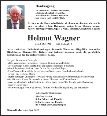 Traueranzeige von Helmut Wagner von Ostthüringer Zeitung