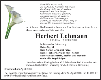 Traueranzeige von Herbert Lehmann von Ostthüringer Zeitung