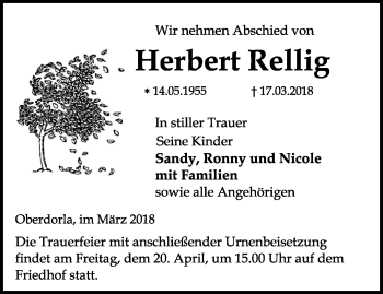 Traueranzeige von Herbert Rellig von Thüringer Allgemeine, Thüringische Landeszeitung