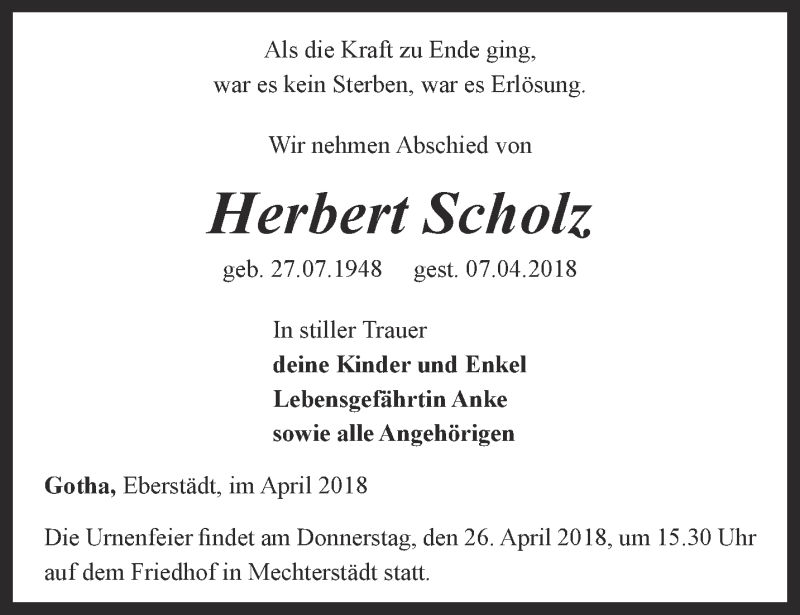 Traueranzeigen Von Herbert Scholz | Trauer-in-thueringen.de