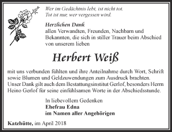 Traueranzeige von Herbert Weiß von Ostthüringer Zeitung