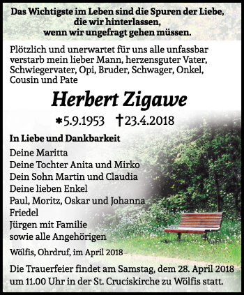 Traueranzeige von Herbert Zigawe von Ostthüringer Zeitung, Thüringische Landeszeitung