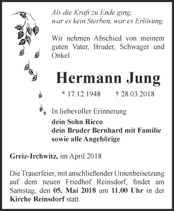 Traueranzeige von Hermann Jung von Ostthüringer Zeitung