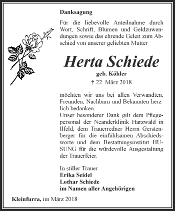 Traueranzeige von Herta Schiede von Thüringer Allgemeine