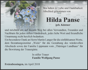 Traueranzeige von Hilda Panse von Thüringer Allgemeine