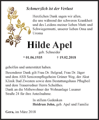 Traueranzeige von Hilde Apel von Ostthüringer Zeitung