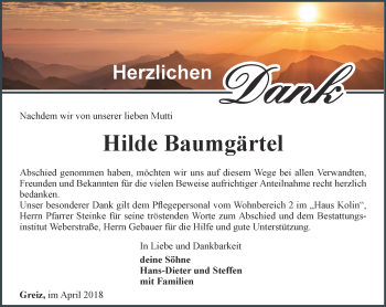 Traueranzeige von Hilde Baumgärtel