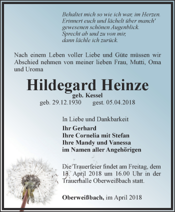 Traueranzeige von Hildegard Heinze von Ostthüringer Zeitung