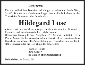 Traueranzeige von Hildegard Lose von Thüringer Allgemeine