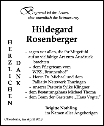 Traueranzeige von Hildegard Rosenberger von Thüringer Allgemeine, Thüringische Landeszeitung