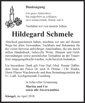 Traueranzeige von Hildegard Schmele von Ostthüringer Zeitung