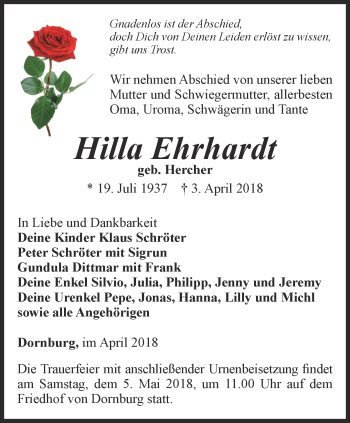 Traueranzeige von Hilla Ehrhardt von Ostthüringer Zeitung, Thüringische Landeszeitung