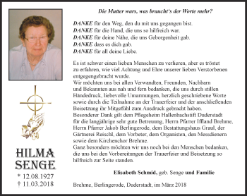 Traueranzeige von Hilma Senge von Thüringer Allgemeine