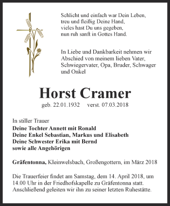 Traueranzeige von Horst Cramer von Thüringer Allgemeine, Thüringische Landeszeitung