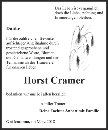 Traueranzeige von Horst Cramer von Thüringer Allgemeine, Thüringische Landeszeitung