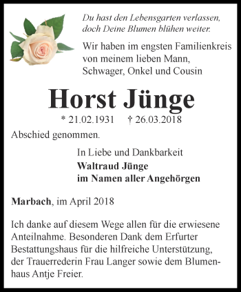 Traueranzeige von Horst Jünge von Thüringer Allgemeine, Thüringische Landeszeitung