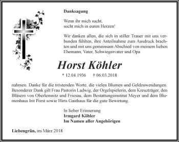 Traueranzeige von Horst Köhler von Ostthüringer Zeitung