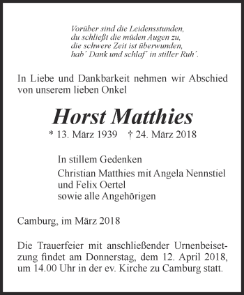 Traueranzeige von Horst Matthies von Ostthüringer Zeitung, Thüringische Landeszeitung