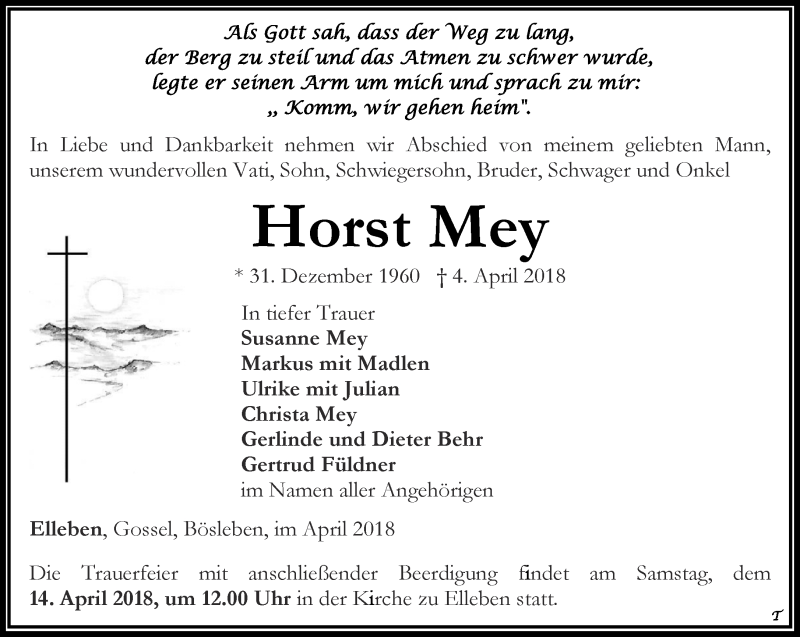  Traueranzeige für Horst Mey vom 07.04.2018 aus Thüringer Allgemeine