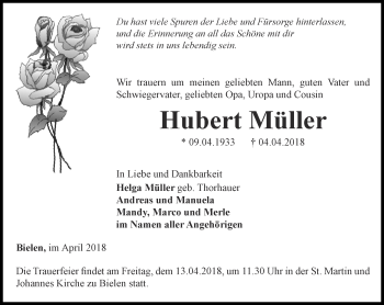 Traueranzeige von Hubert Müller von Thüringer Allgemeine