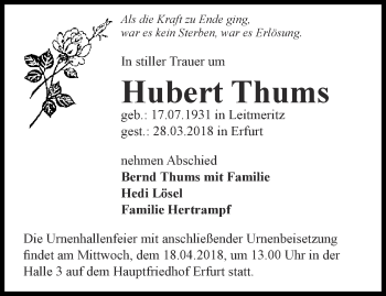 Traueranzeige von Hubert Thums