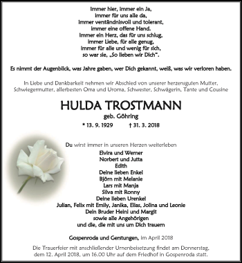 Traueranzeige von Hulda Trostmann von Thüringer Allgemeine, Thüringische Landeszeitung