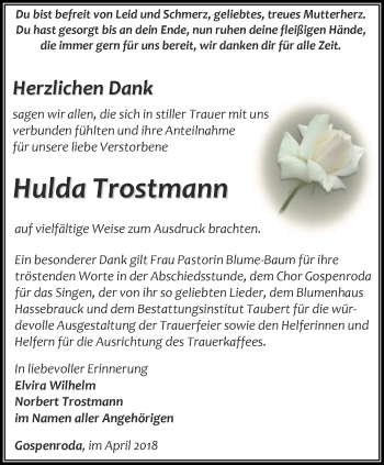 Traueranzeige von Hulda Trostmann von Thüringer Allgemeine, Thüringische Landeszeitung