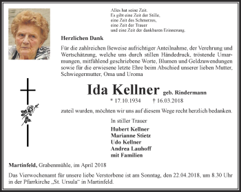 Traueranzeige von Ida Kellner von Thüringer Allgemeine, Thüringische Landeszeitung